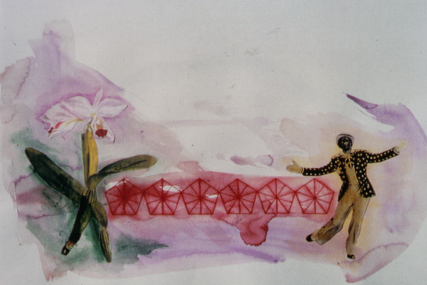 FLORES, PENTAGONOS Y FRED ASTAIRE<br>1993, 70x50cm<br>Téctina mixta s/papel<br>Col. Iturbides Gasol, (Barcelona)
