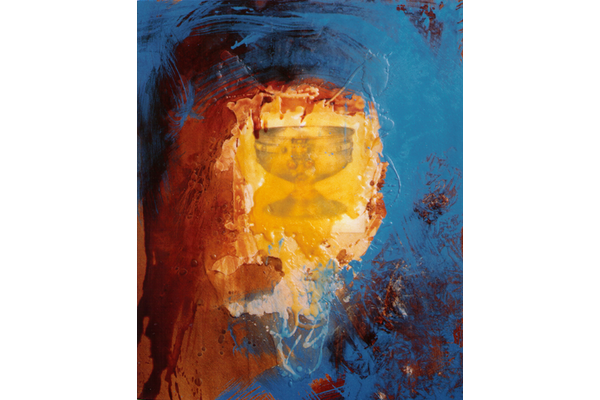 THE HOLY GRAIL III<br>1999, 70x58cm<br>collage y técnica mixta s/madera