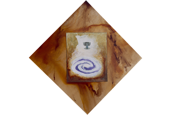 THE HOLY GRAIL SERIES III<br>1999, 170x170cm<br>técnica mixta s/madera y tela transparente