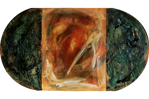 SIN TITULO<br>1992, 80x142cm<br>óleo s/madera y tela transparente<br>Col. Mar Fontcuberta